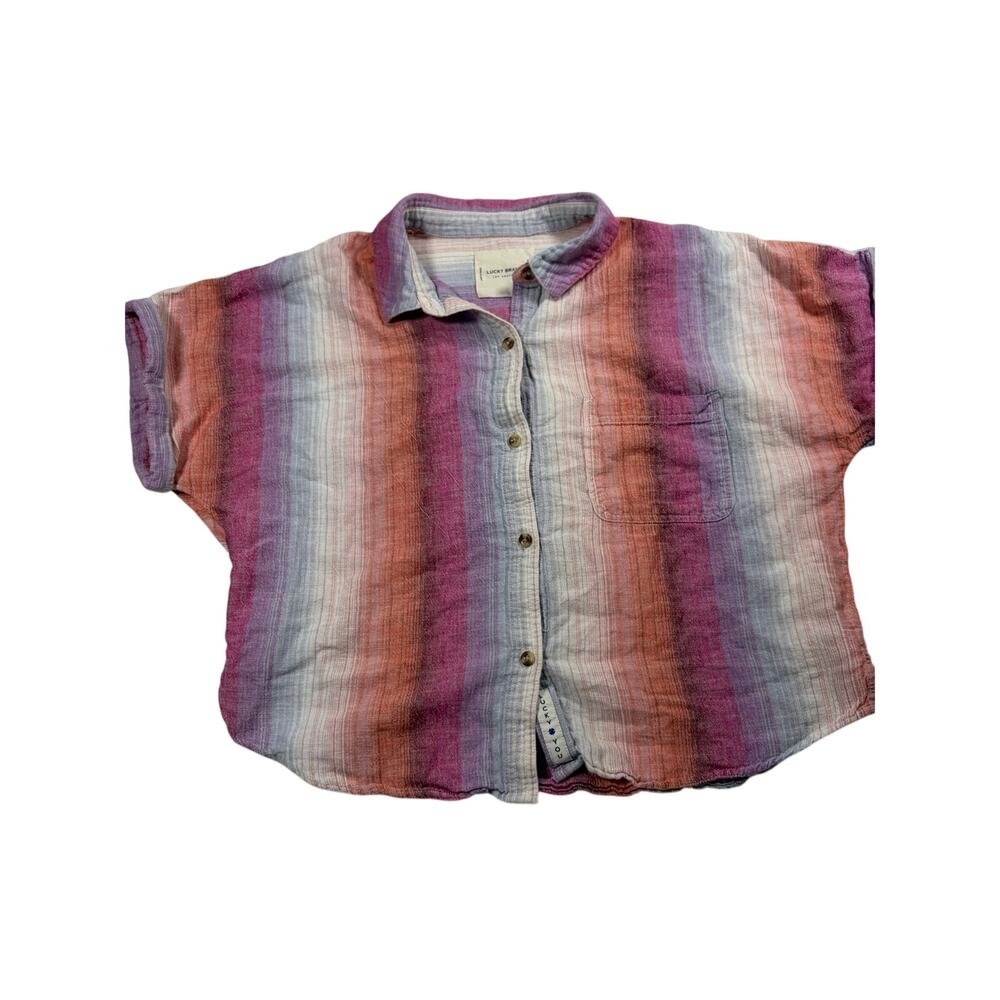 Lucky Brand Cotton Linen Gauze Button Front Shirt Womens Small Striped Boxy Top